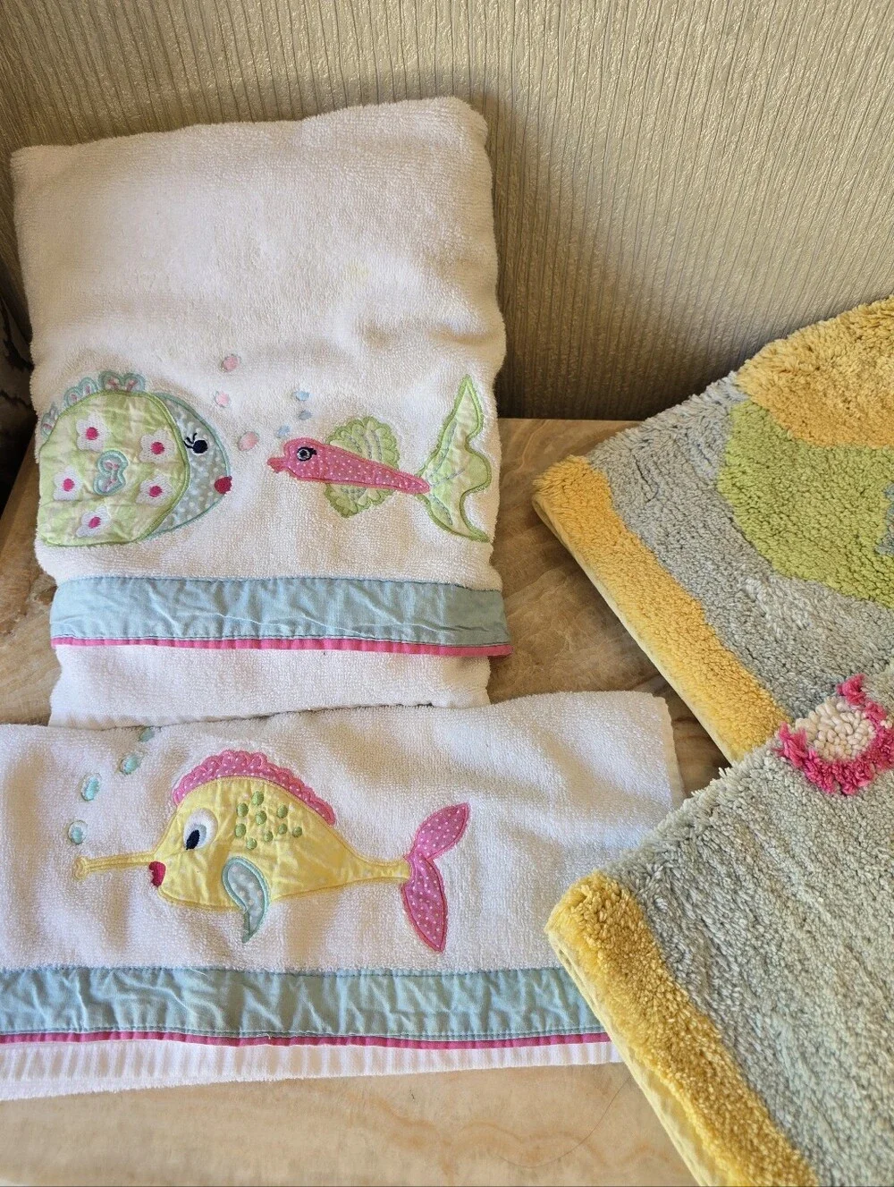 Pottery Barn Kids Fish Embroidered Bath Mat Towel Set in Yellow, Blue & Pink